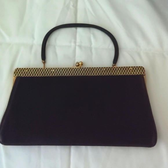 Vintage Black Satin Ande Clutch Purse Gold Embellishments across Top & Snap - Picture 1 of 8